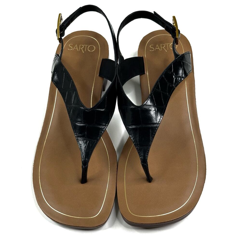 Franco Sarto Iris Womens Black Croco Leather Slingback Thong Sandals Size 9M New - Picture 3 of 10